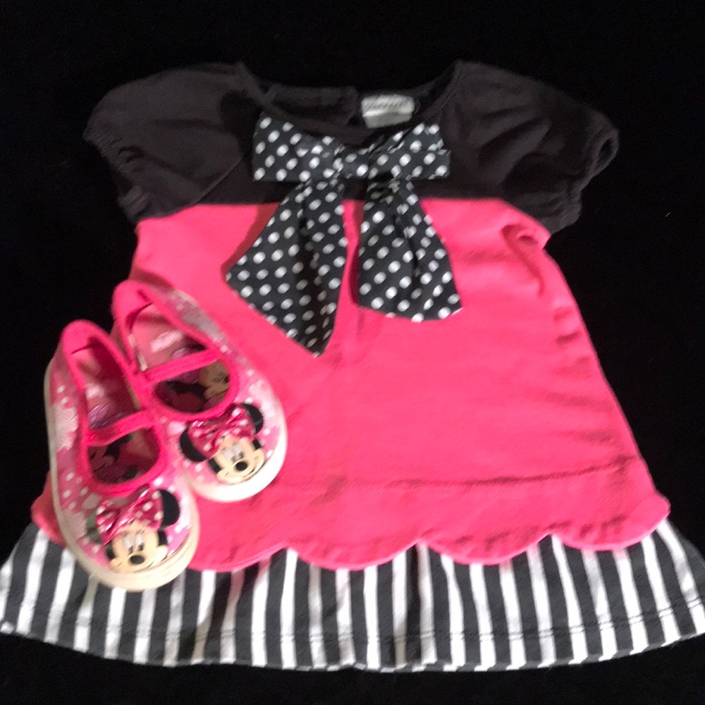 Pink, black, and white dress w/ dots & stripes.